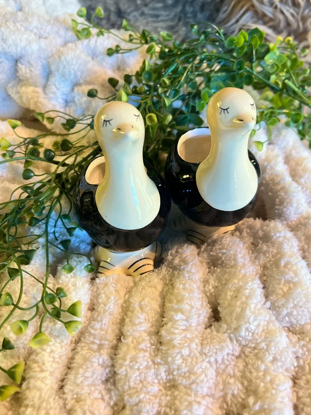 Cottage Ceramic Duck Planter Set Black White Bird Pots Succulent Planters New